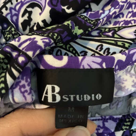 AB Studio Top Womens M Paisley Print Short Sleeve Blouse Elastic Hem - Picture 6 of 8